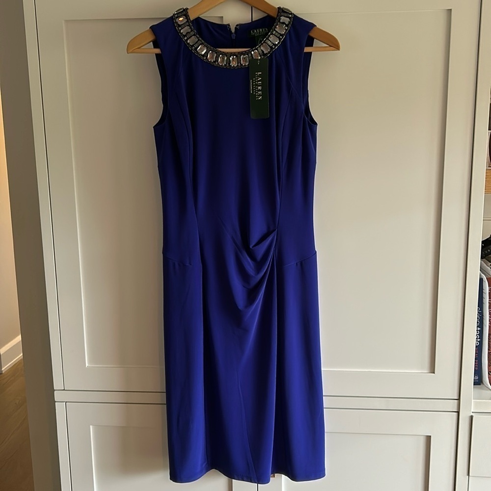 Lauren Ralph Lauren Evening Collection Cobalt Blue Stones Side Ruching  size 4